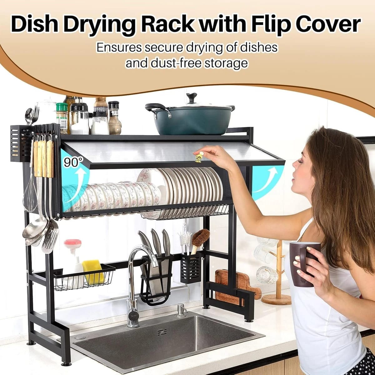 Over-the-Sink Dish Drying Rack – Large Capacity Metal Kitchen Organizer with Lid Storage, Space-Saving Multi-Functional Dish Rack