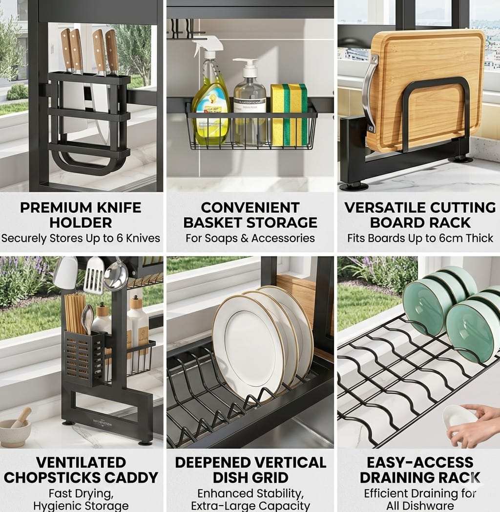 Over-the-Sink Dish Drying Rack – Large Capacity Metal Kitchen Organizer with Lid Storage, Space-Saving Multi-Functional Dish Rack