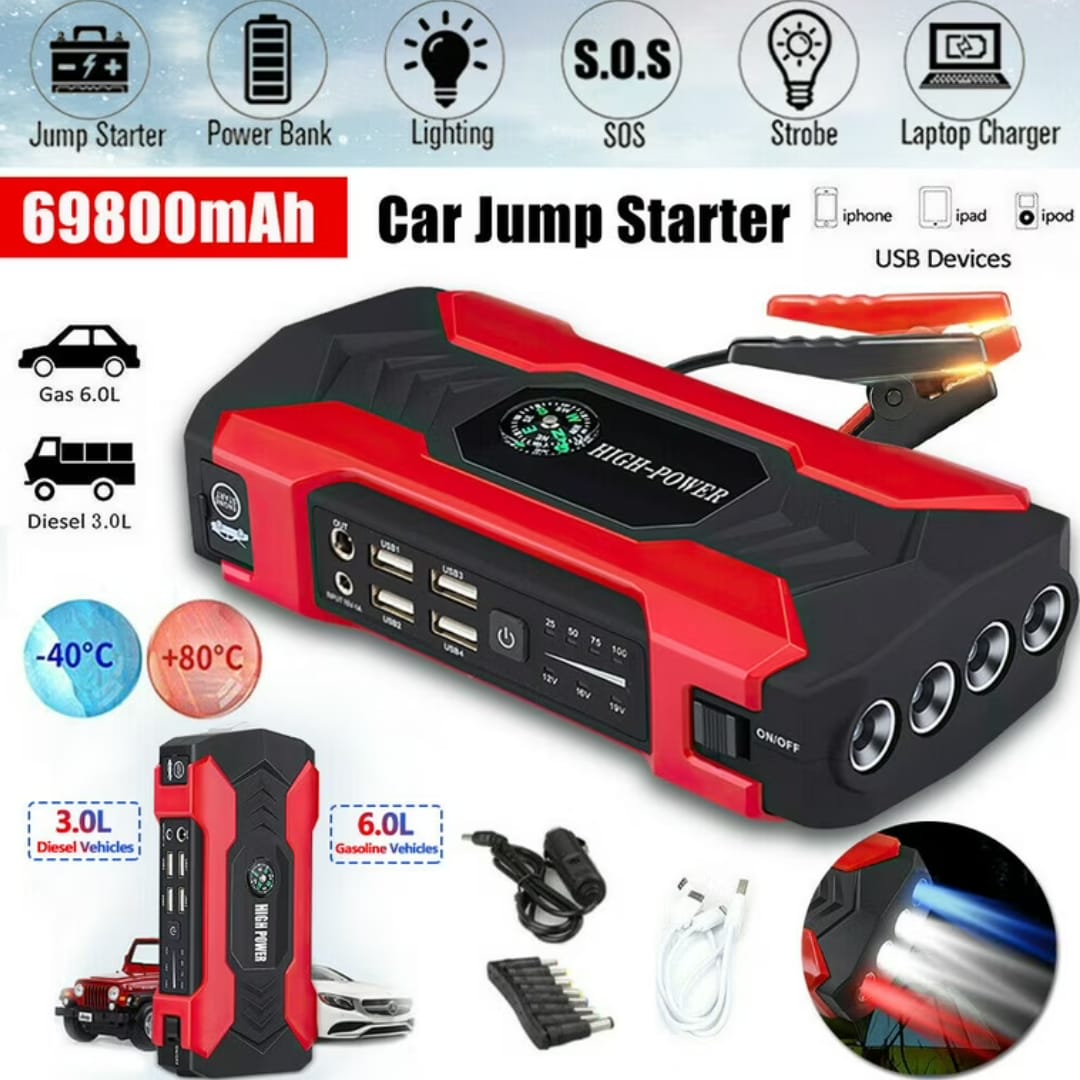 Multi-Function Jump Starter+Air Pump – Portable Automobile Emergency Power Supply with Power Bank & Safety Protection