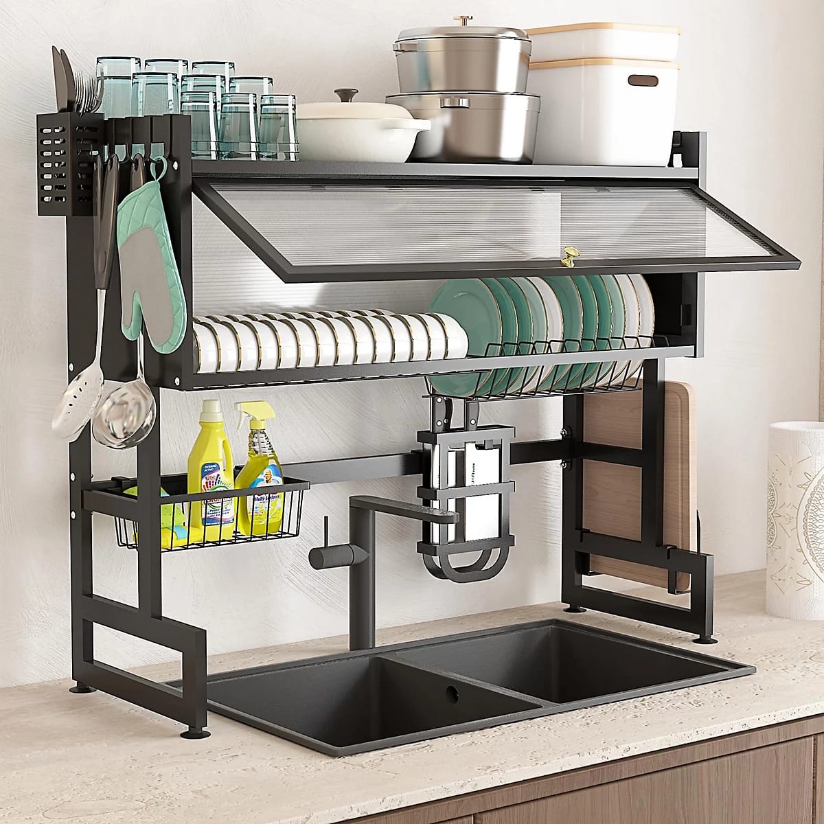 Over-the-Sink Dish Drying Rack – Large Capacity Metal Kitchen Organizer with Lid Storage, Space-Saving Multi-Functional Dish Rack