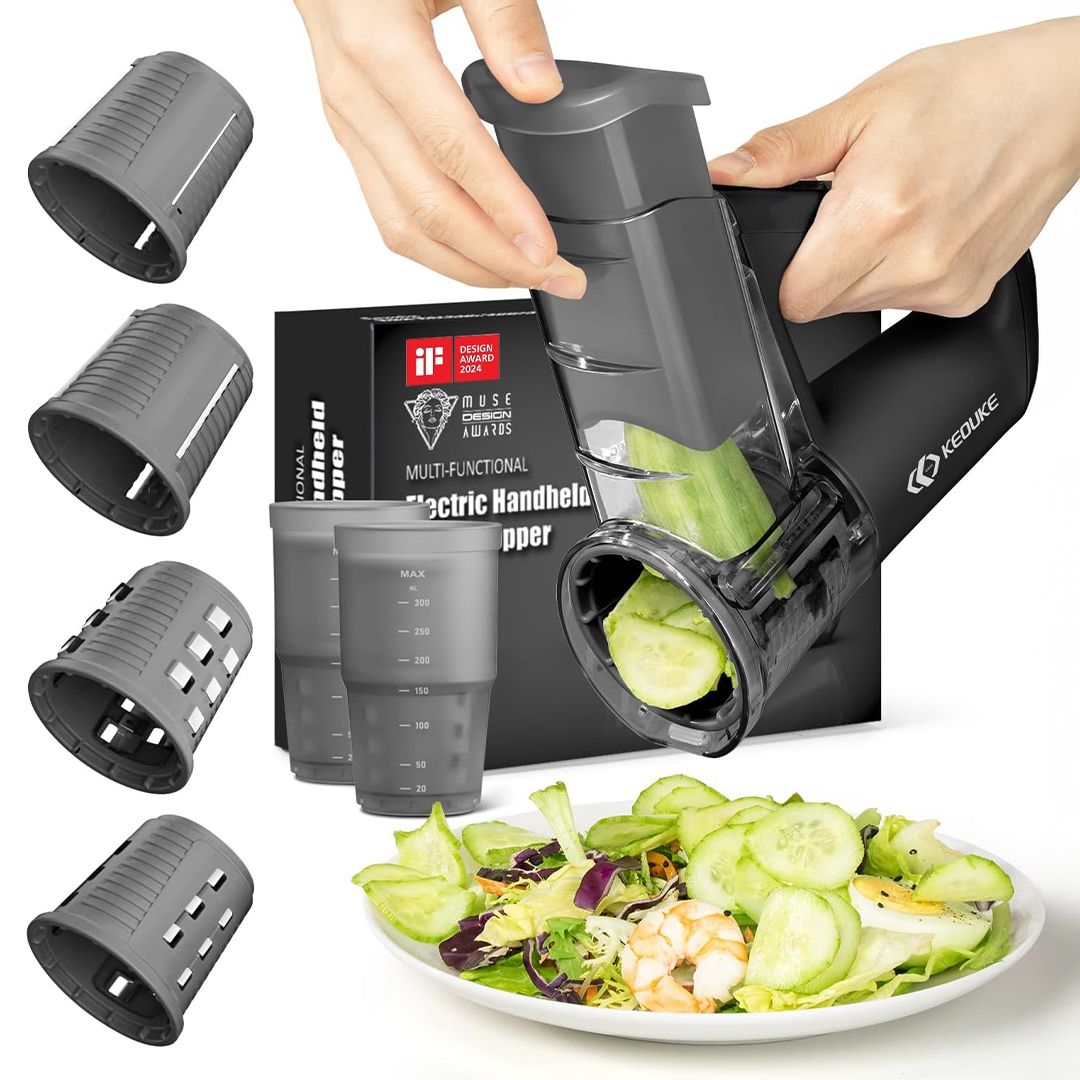 Portable Electric Salad Maker with 4 Blade Shapes – Multifunction Rotary Slicer & Vegetable Cutter