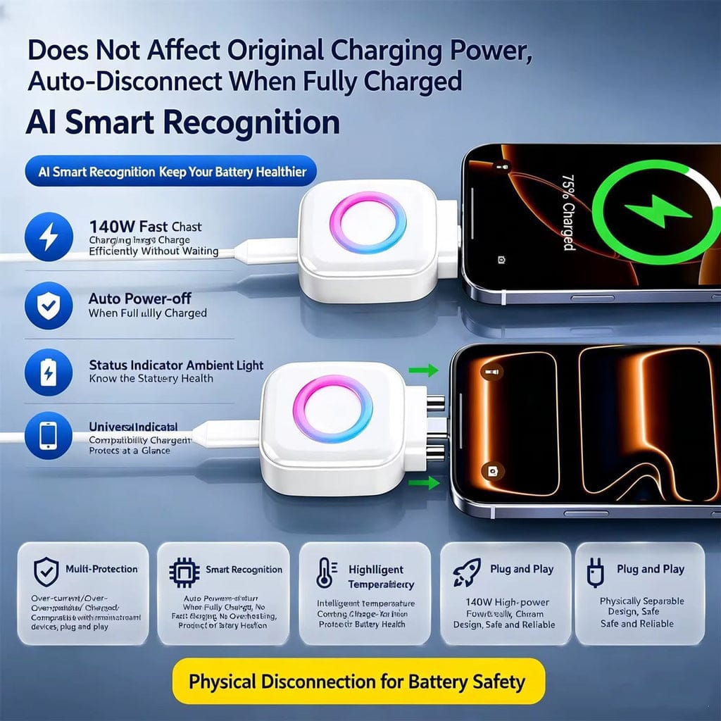 140W Smart Auto Disconnect USB-C Fast Charging Adapter | Self-Unplugging Charger with Battery Protection