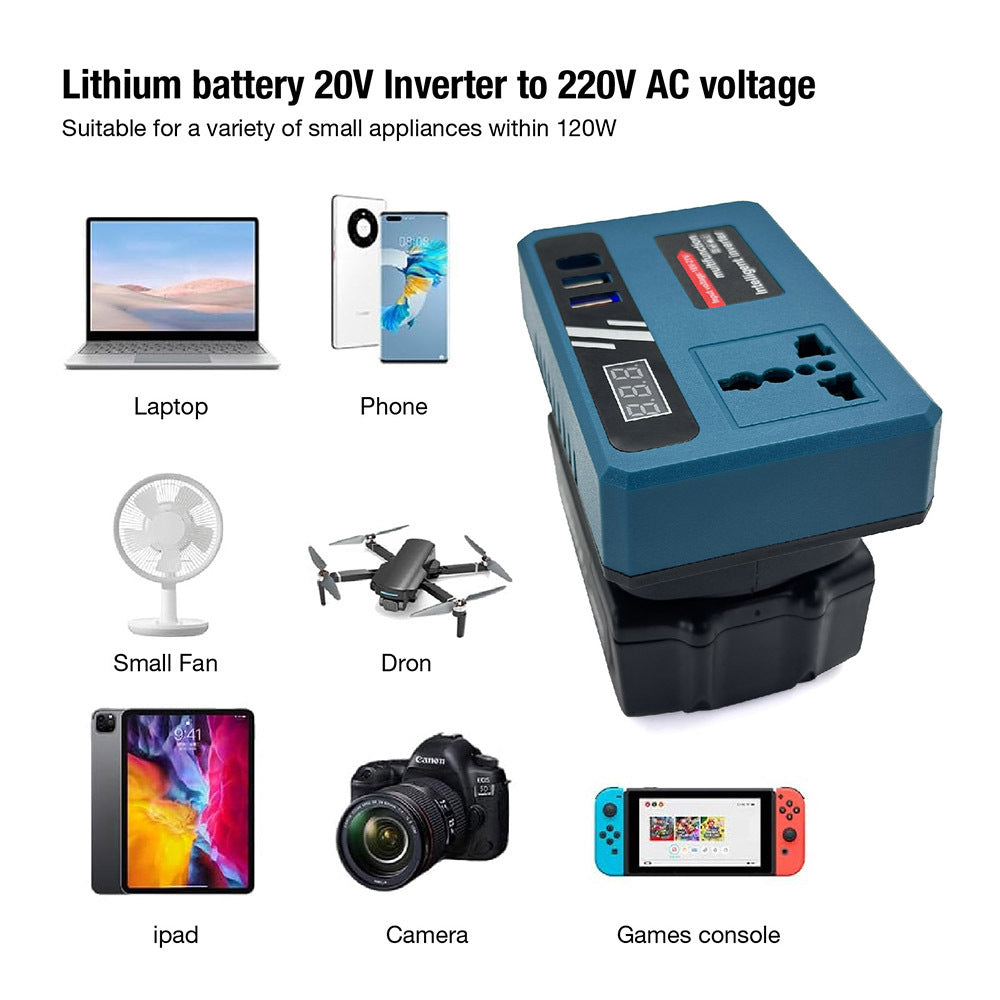 Multifunction Intelligent Inverter 18V-21V Portable Power Converter with USB Charging & Digital Display for Fans, Lights, Drills & Laptops