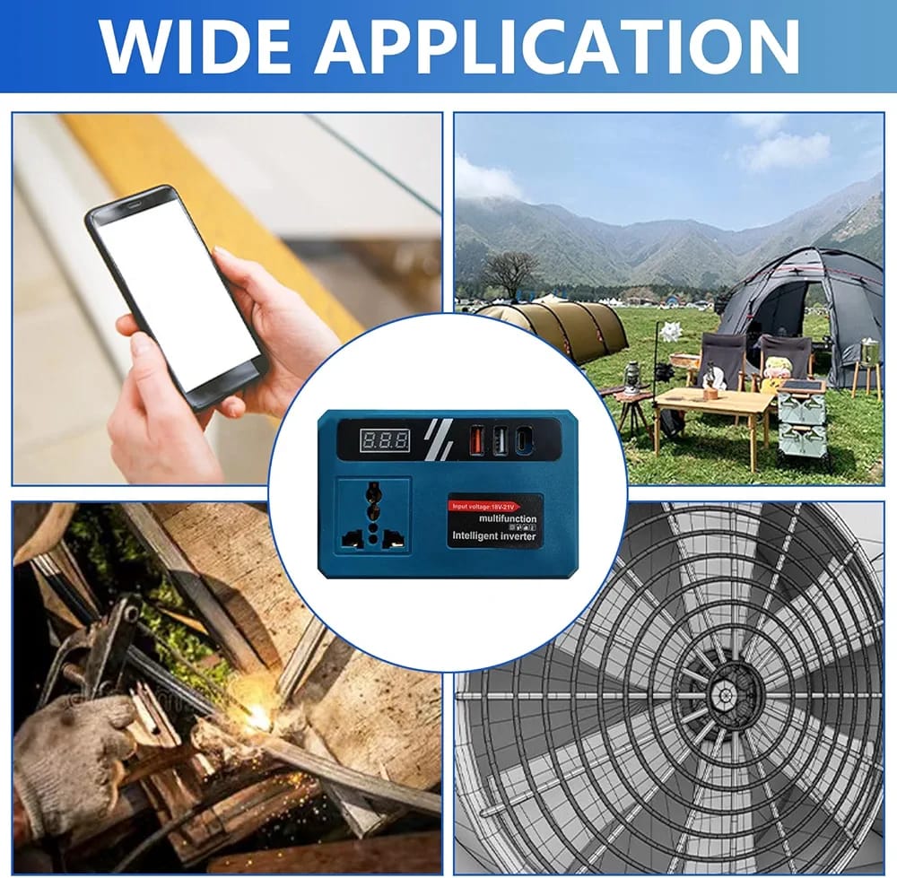 Multifunction Intelligent Inverter 18V-21V Portable Power Converter with USB Charging & Digital Display for Fans, Lights, Drills & Laptops