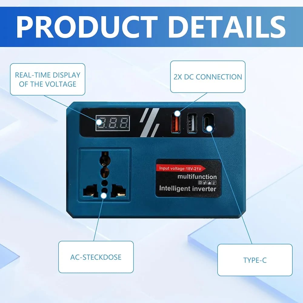 Multifunction Intelligent Inverter 18V-21V Portable Power Converter with USB Charging & Digital Display for Fans, Lights, Drills & Laptops