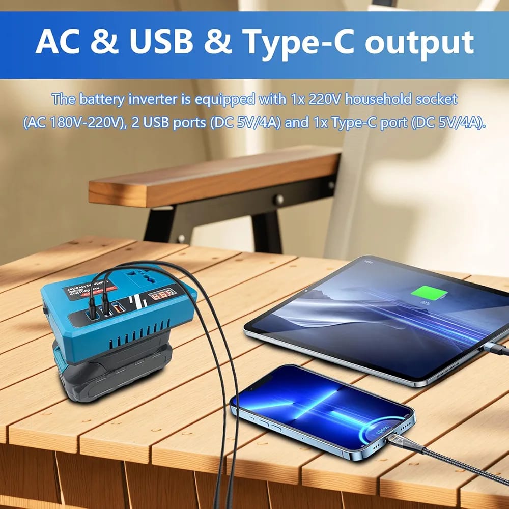 Multifunction Intelligent Inverter 18V-21V Portable Power Converter with USB Charging & Digital Display for Fans, Lights, Drills & Laptops