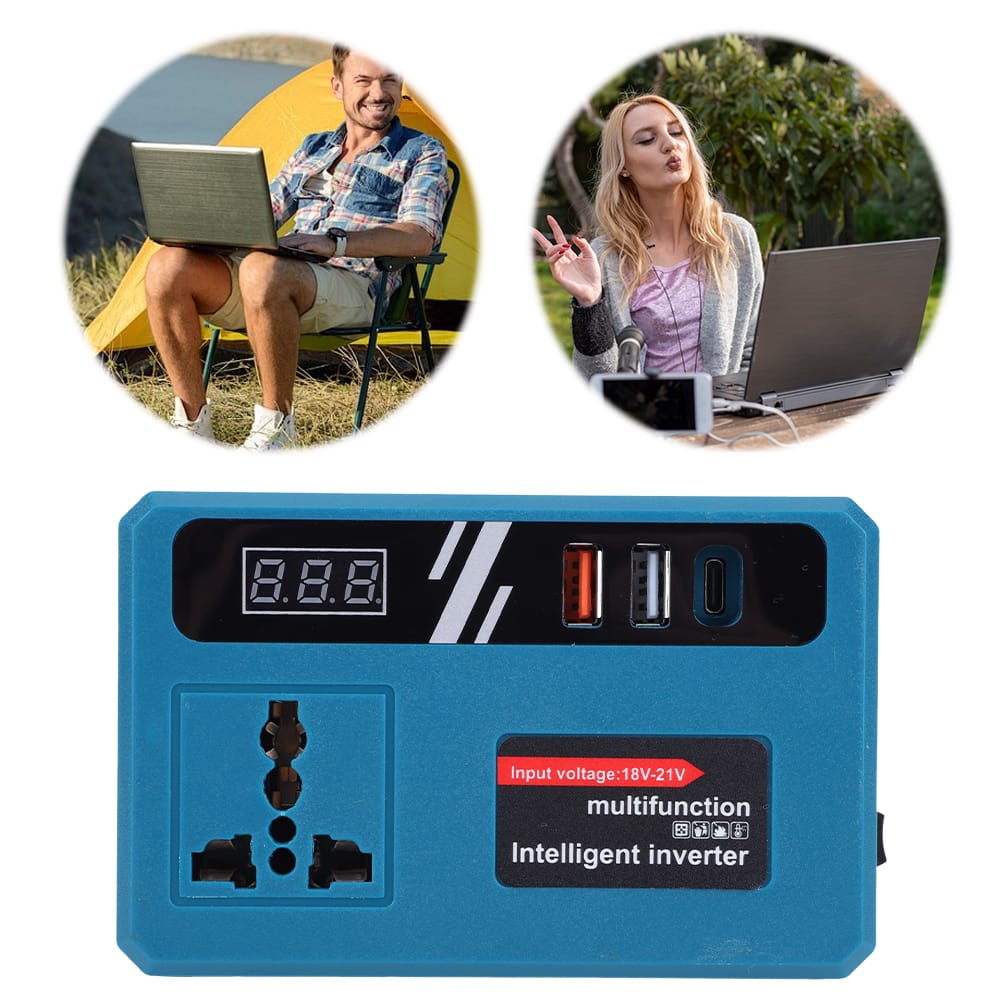 Multifunction Intelligent Inverter 18V-21V Portable Power Converter with USB Charging & Digital Display for Fans, Lights, Drills & Laptops