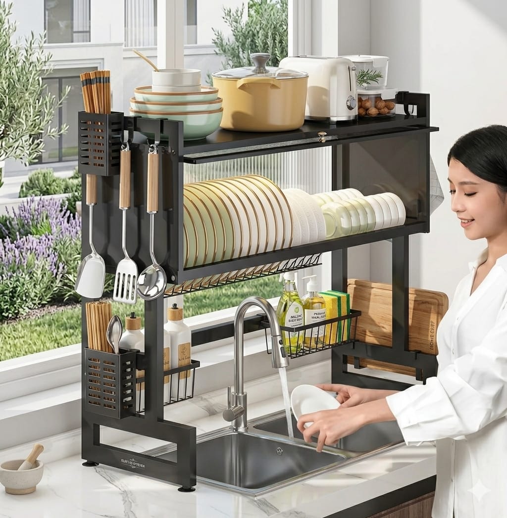 Over-the-Sink Dish Drying Rack – Large Capacity Metal Kitchen Organizer with Lid Storage, Space-Saving Multi-Functional Dish Rack