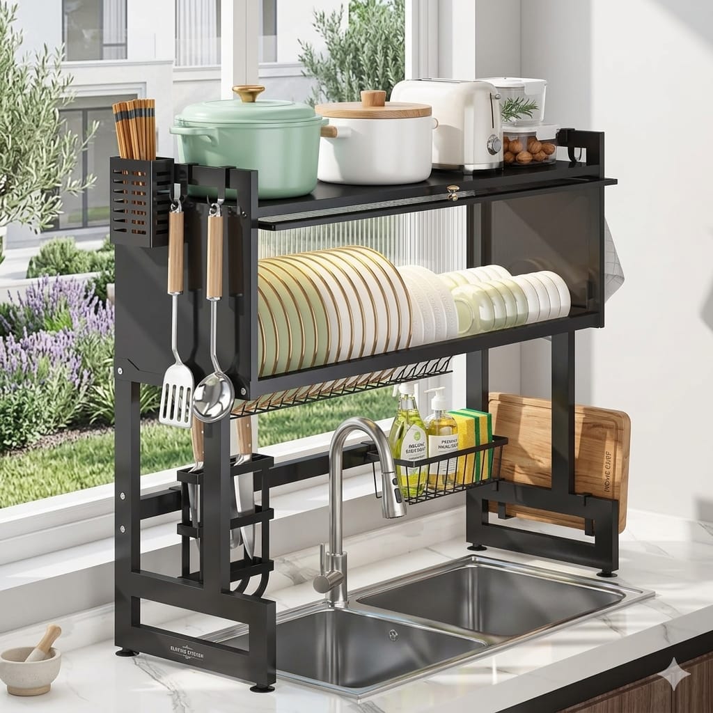 Over-the-Sink Dish Drying Rack – Large Capacity Metal Kitchen Organizer with Lid Storage, Space-Saving Multi-Functional Dish Rack